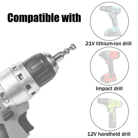 Pro Grade Drill Nibbler Kit For Sheet Metal Cutting Attachment showing compatibility with 21V, impact, and handheld electric drills