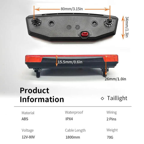 All In One Ebike Front Headlight And Tail Light With Built In Horn Switch Cable Kit Waterproof IPX4 12V To 80V Compatible, rear light dimensions and specs