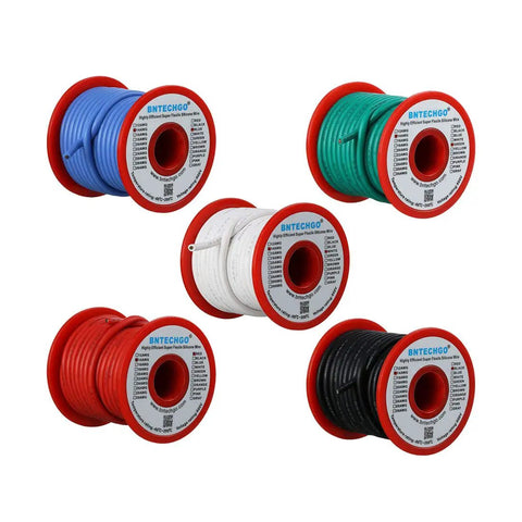 14 Gauge Silicone Wire Kit with 5 spools, 25ft each, colors red, black, white, blue, green, ultra flexible for RC and electronics.