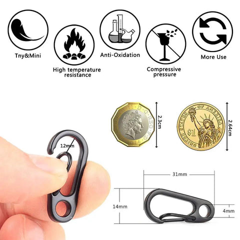 Person holding 30 Piece Mini Carabiner Clip Set, Tiny Zinc Alloy Spring Snap Hooks For Keychains, Backpacks, with size comparison to coins.