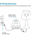 Diagram showing Plug In Lamp Dimmer Switch With Foot Slide Control For Dimmable LED CFL And Incandescent Bulbs Table Lamp Dimmer 5 Foot Extension Cord No Fuss Easy Reach ETL Listed Black setup.