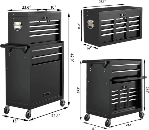 Beefy Eight Drawer Rolling Tool Chest With Lockable Wheels And 2 In 1 Portable Toolbox Organizer High Capacity Storage Cabinet For Garage And Workshop Top Layer And Bottom Cabinet With Hanging Hooks, 42.9" tall