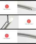 Close-up of 10 Pack 5 Inch Brushed Nickel Cabinet Pulls showing tight connection, deep hole thread, and anti-fingerprint design features.