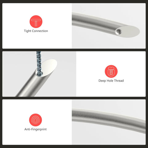 Close-up of 10 Pack 5 Inch Brushed Nickel Cabinet Pulls showing tight connection, deep hole thread, and anti-fingerprint design features.