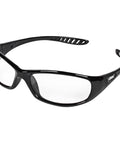 Hellraiser Safety Glasses with clear lenses and black frame for indoor work 99.9 percent UV protection shown in side view.