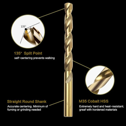 Axelord 13-piece cobalt drill bit set in index case; M35 HSS, 135° split point, straight shank