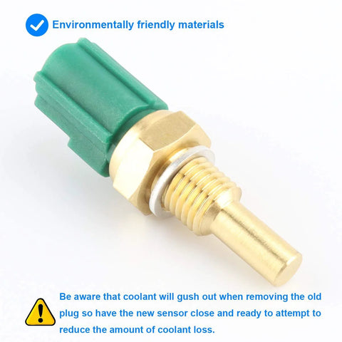 Coolant temperature sensor with green plastic connector and brass threaded probe for automotive use.