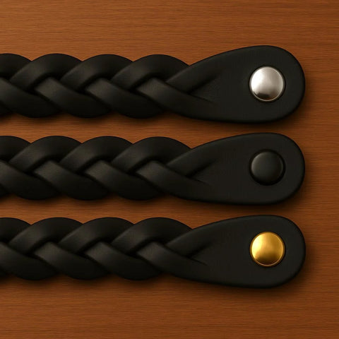 Three braided leather drawer pulls in black with metal accents, 6.5-in length, shown on wood surface for dresser and cabinet use.