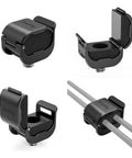 Camera Cable Lock Clamp 4 Pack For HDMI SDI And Microphone Cables Keeps DSLR Rig Cages And Handles Looking Clean No Cable Mess One Quarter Inch Twenty Mount Compatible - black cable clamp set with detailed views of locking mechanism.