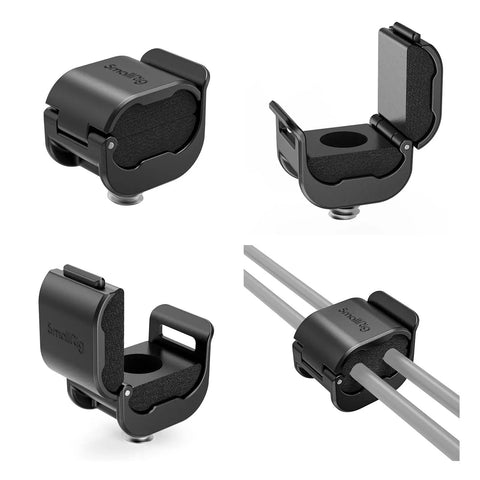 Camera Cable Lock Clamp 4 Pack For HDMI SDI And Microphone Cables Keeps DSLR Rig Cages And Handles Looking Clean No Cable Mess One Quarter Inch Twenty Mount Compatible - black cable clamp set with detailed views of locking mechanism.