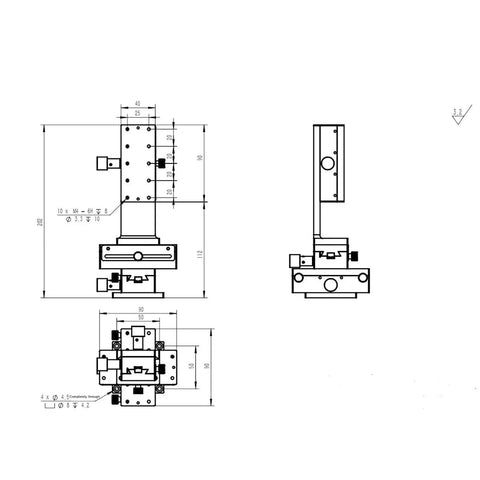Technical diagram of Manual XYZ Translation Stage 40 x 90mm Linear Stage for Precision Alignment, showing dimensions and mounting details.