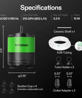 Specifications of Submersible Water Pump 210 GPH 10W With Adjustable Flow Four Point Nine Foot Tubing Ceramic Shaft