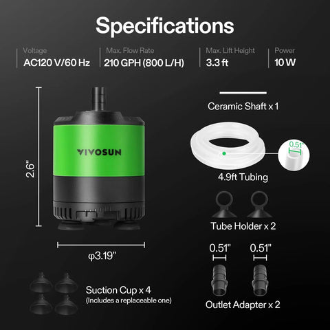 Specifications of Submersible Water Pump 210 GPH 10W With Adjustable Flow Four Point Nine Foot Tubing Ceramic Shaft