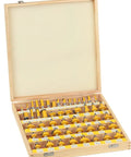 50 Piece Router Bit Set With 1/4 Inch Shank For Edge Profiles And General Routing in wooden case displaying bits