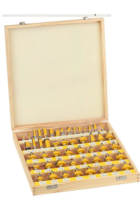 50 Piece Router Bit Set With 1/4 Inch Shank For Edge Profiles And General Routing in open wooden case
