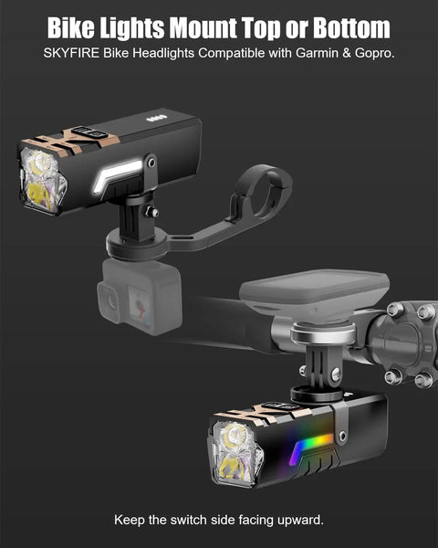 Beefed Up 2500LM Bike Light For Night Riding With Garmin And GoPro Mounts shown on handlebar and under a bike mount