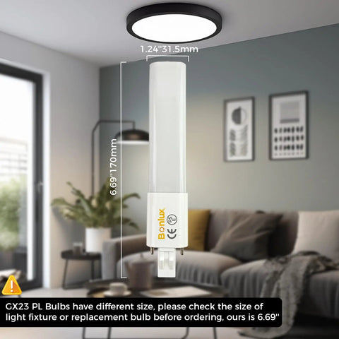 Two Pack 6W GX23 2 Pin LED PL Retrofit Lamp Replacement For 13W GX23d CFL displayed in a modern living room setting