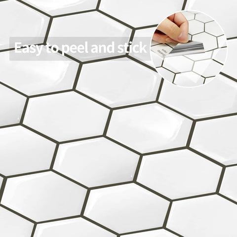 Close-up of hexagon peel and stick tile backsplash 12x12 inch, 3D realistic look, self adhesive kitchen wall bathroom PVC PU glue