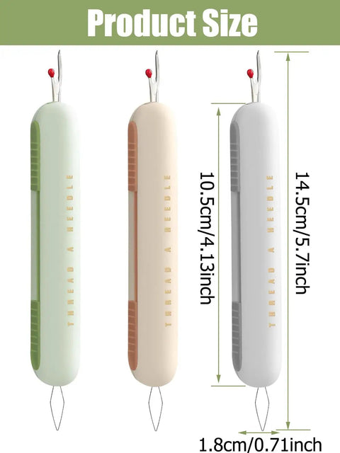 Three 2 In 1 Needle Threader And Seam Ripper Kit For Sewing And Crafting in green, beige, and gray with product size dimensions shown.