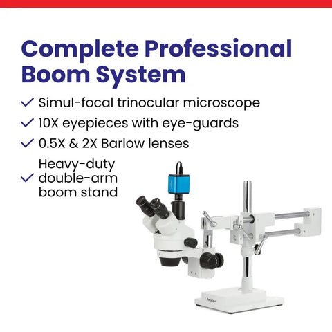 Simul Focal Trinocular Stereo Zoom Microscope With Dual Arm Boom Stand, 3.5X To 90X Magnification, 10X Eyepieces, white