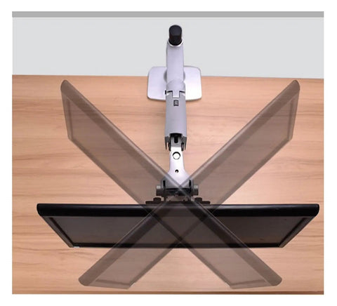 Full Motion Monitor Desk Mount Accommodates 17 To 32 Inch Displays featuring rugged aluminum spring arm view from above on wooden desk