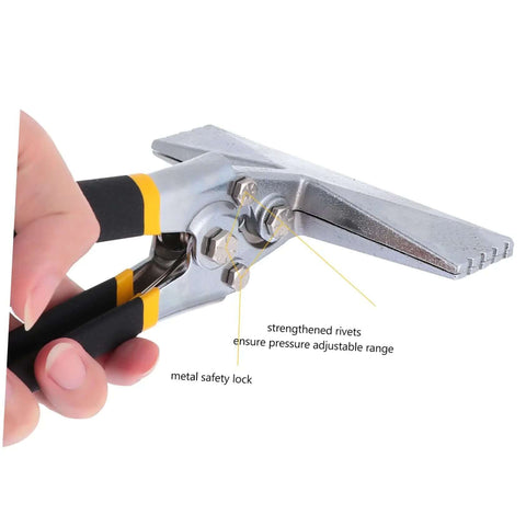 Ergonomic Hand Seamer Tool For Metal Bending with built tough durable construction and wide head for HVAC ductwork, showing secure grip handle.