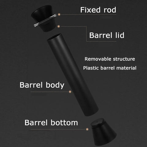 Exploded view of Top Shelf Espresso Knock Box with durable plastic barrel components, including lid, body, and bottom.