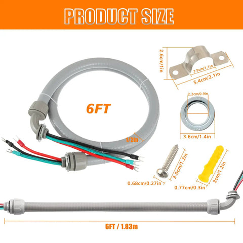 Power Whip Assembly Kit For 3 Conductor 10 Gauge Preassembled AC Whip with parts and size details displayed