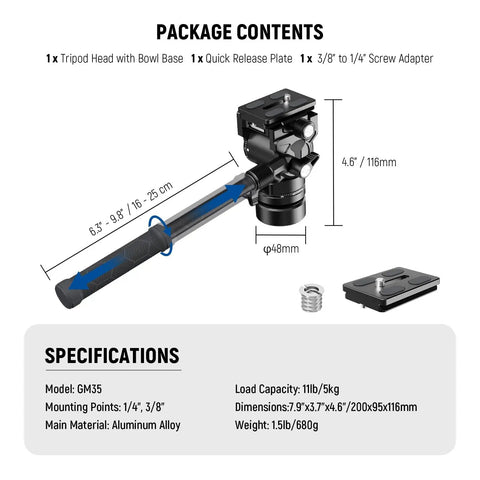 Heavy Duty Fluid Video Head With Adjustable Leveling Base And Arca Type Quick Release Plate Telescopic Grip, aluminum alloy construction.