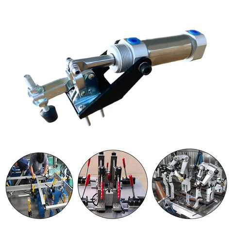 Image of a heavy duty pneumatic clamp fixture with 50 kg 110 lb hold down, used for woodworking, welding, and CNC holding.