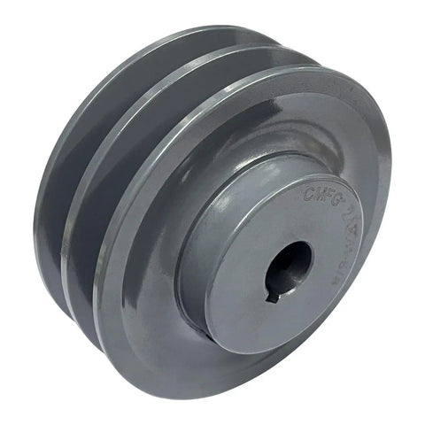 Built Tough Cast Iron Double Groove V Belt Pulley 4.25 Inch OD Bore 0.875 Inch Fits A 3L and 4L Belts with Standard Keyseat and Finished Bore, Static Balanced Sheave for Smooth, Reliable Power Transfer shown on white background