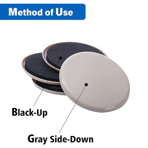 Heavy Duty Carpet Furniture Sliders, 8 Pack, 5 Inch Round Moving Pads For Big Furniture, shown with black and gray sides.