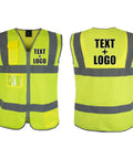 Custom Printed High Visibility Safety Vest In Vivid Yellow With Reflective Striping For Road Crews And Construction Teams Hella Bright Job Site Workwear Size X Large, front and back views with logo.