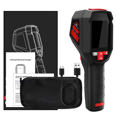 Handheld Thermal Imaging Camera With 240 X 240 Resolution, Infrared Camera, 15 Palettes, 320 X 240 Full View TFT Display shown with accessories.