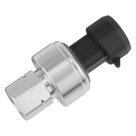 AC Pressure Sensor Switch Compatible With Chevy Suburban Tahoe GMC Sierra Buick Cadillac Pontiac Saturn Isuzu Hummer Oldsmobile Saab 2002 2021 HVAC Pressure Transducer Replaces 13587668 shown in silver and black