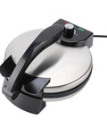 Duokon Electric Tortilla Press 10 Inch Non Stick With Adjustable Temp Stainless Steel Cover, top view, kitchen essential.