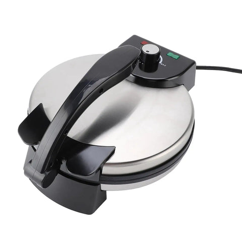 Duokon Electric Tortilla Press 10 Inch Non Stick With Adjustable Temp Stainless Steel Cover, top view, kitchen essential.