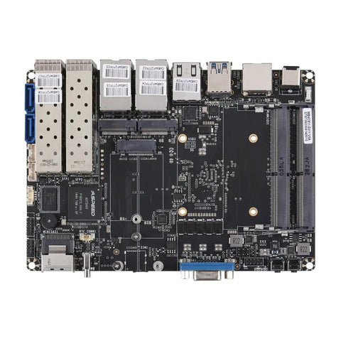 Mini Pc Tower Powered By The Atom C3958 Processor With Sixteen Gb Ram Featuring Four Ten Gigabit Sfp Plus Fiber Links Alongside Five Two Point Five Gbe Ethernet Ports In Beast Mode For Bulletproof Firewalls And Smoother Business Hubs motherboard with ports and connectors.