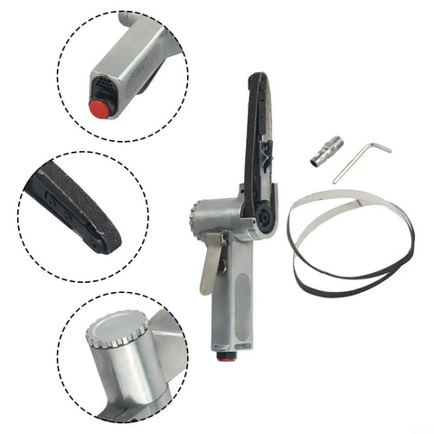 Heavy Duty Air Belt Sander And Pneumatic Belt Grinder Crushes Rough Surfaces Fast Adjustable Swivel Head with hoses and wrench.