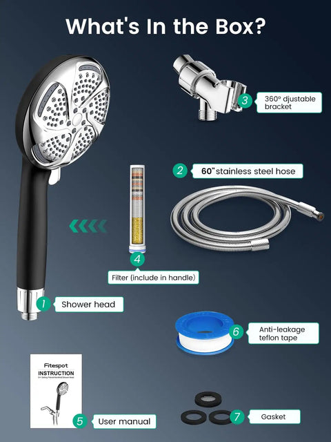 Handheld Shower Head With High Pressure Turbo Power Wash, 7 Modes, Anti Clog Nozzles, Built In Filter System For Hard Water parts