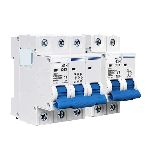 Heavy Duty Mini Circuit Breaker Providing Rock Solid Overload Protection And Instant Short Circuit Shutdown To Keep Home And Auto Electrical Panels Running Like A Charm With Zero Downtime Or Headaches, three units mounted on DIN rail.