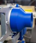 Close-up of Straight Up Industrial Dust Collection Adapter For Split Bed Wood Lathe with blue design and metallic mount.