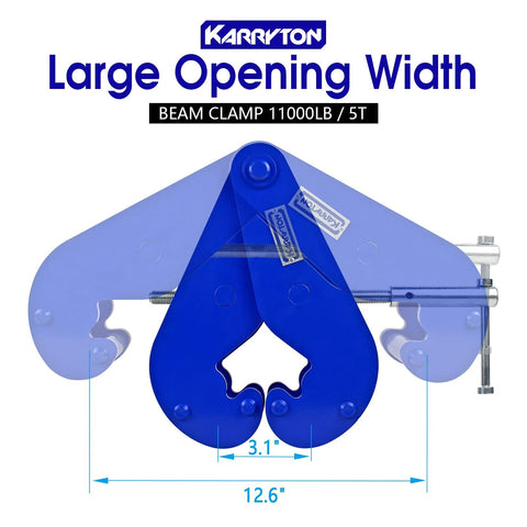 KARRYTON blue beam clamp, 11,000 lb (5 ton) lifting clamp for I-beams, fits 3.1–12.6 in flange
