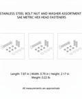 All in One SAE and Metric Bolt Nut and Washer Set with Hex Head Fasteners for Automotive Repair and Machinery Assembly diagram