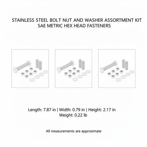 Diagram of Grab And Go All In One Stainless Steel Hex Head Bolt Nut Washer Set showing length, width, height, weight.