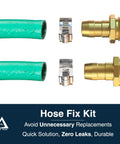 Heavy Duty Garden Hose Repair Kit For Five Eighths And Three Quarters Inch Hoses Leak Proof Metal Mender And Connector Set With Male And Female Fittings For Fixing Hose Ends Two Pack showing connectors and clamps