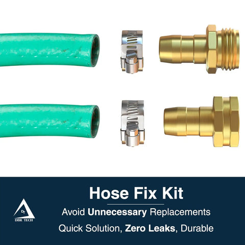 Heavy Duty Garden Hose Repair Kit For Five Eighths And Three Quarters Inch Hoses Leak Proof Metal Mender And Connector Set With Male And Female Fittings For Fixing Hose Ends Two Pack showing connectors and clamps