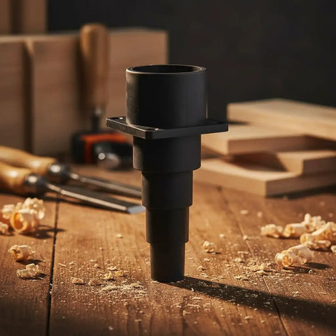 Versatile Wet Dry Shop Vacuum Tool Adapter With Stepped Design For Multiple Hose Diameters 1 Inch To Two And A Half Inches on a wooden surface with tools.
