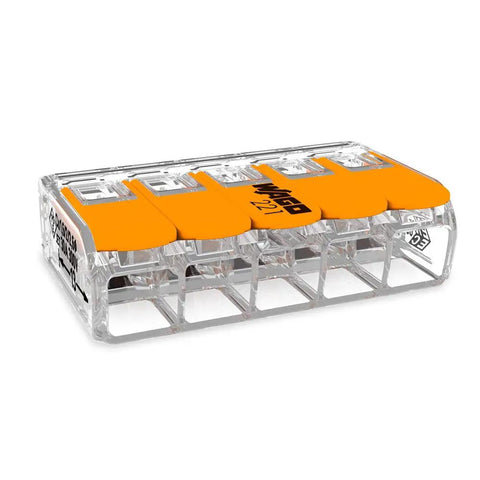 221-615 Lever Nuts 10AWG 5 Conductor Compact Wire Connectors, side view showing transparent casing and orange levers.