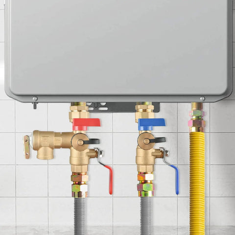 Three Quarter Inch IPS Isolator Tankless Water Heater Service Valve Kit With Pressure Relief Valve, brass, red/blue handles installation view
